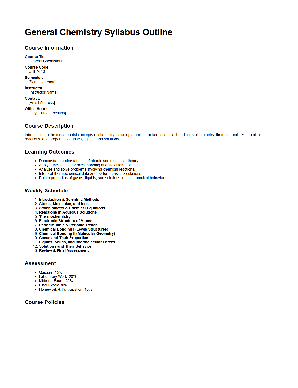 General Chemistry Syllabus Outline Example