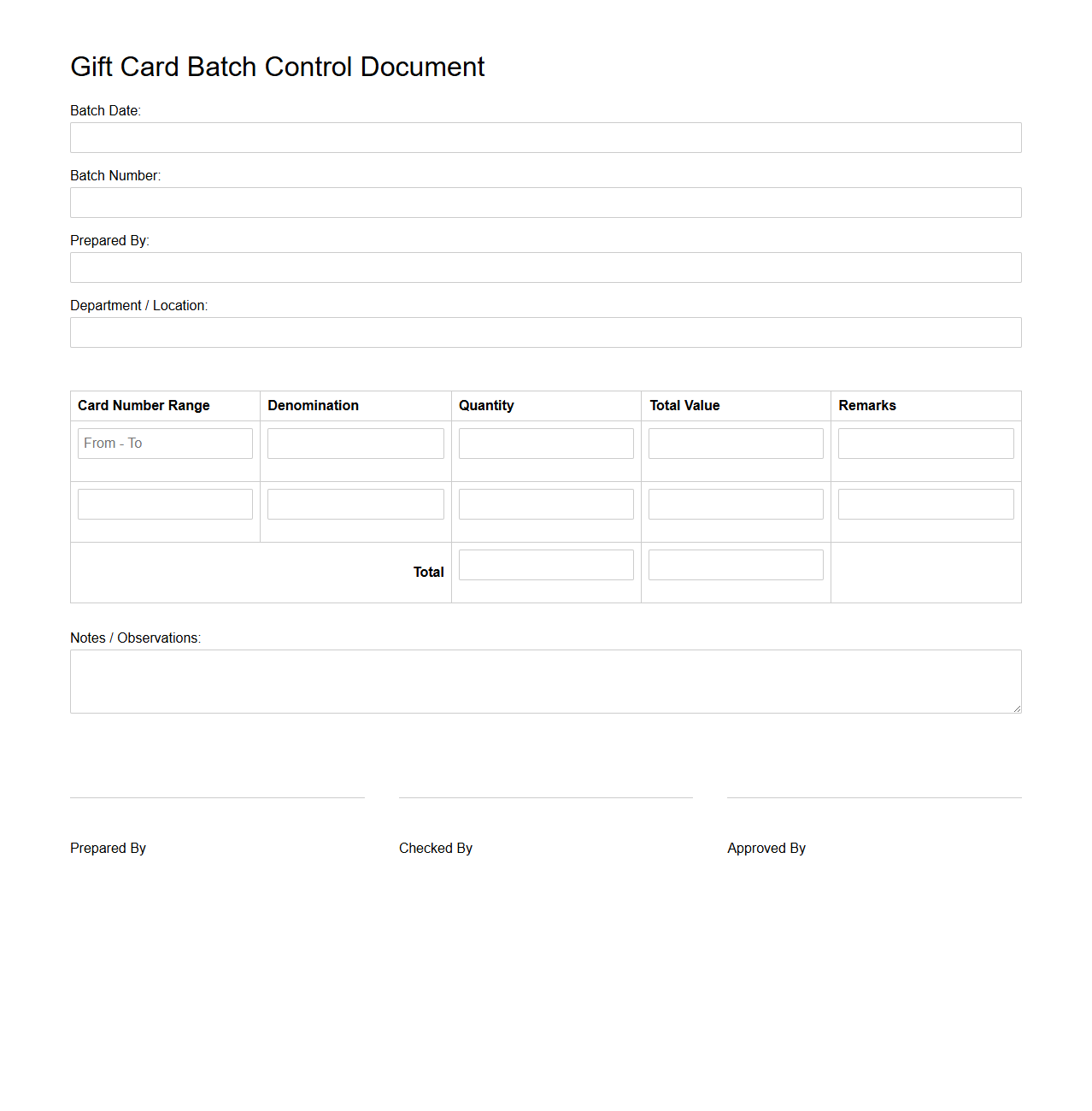 Gift Card Batch Control Document