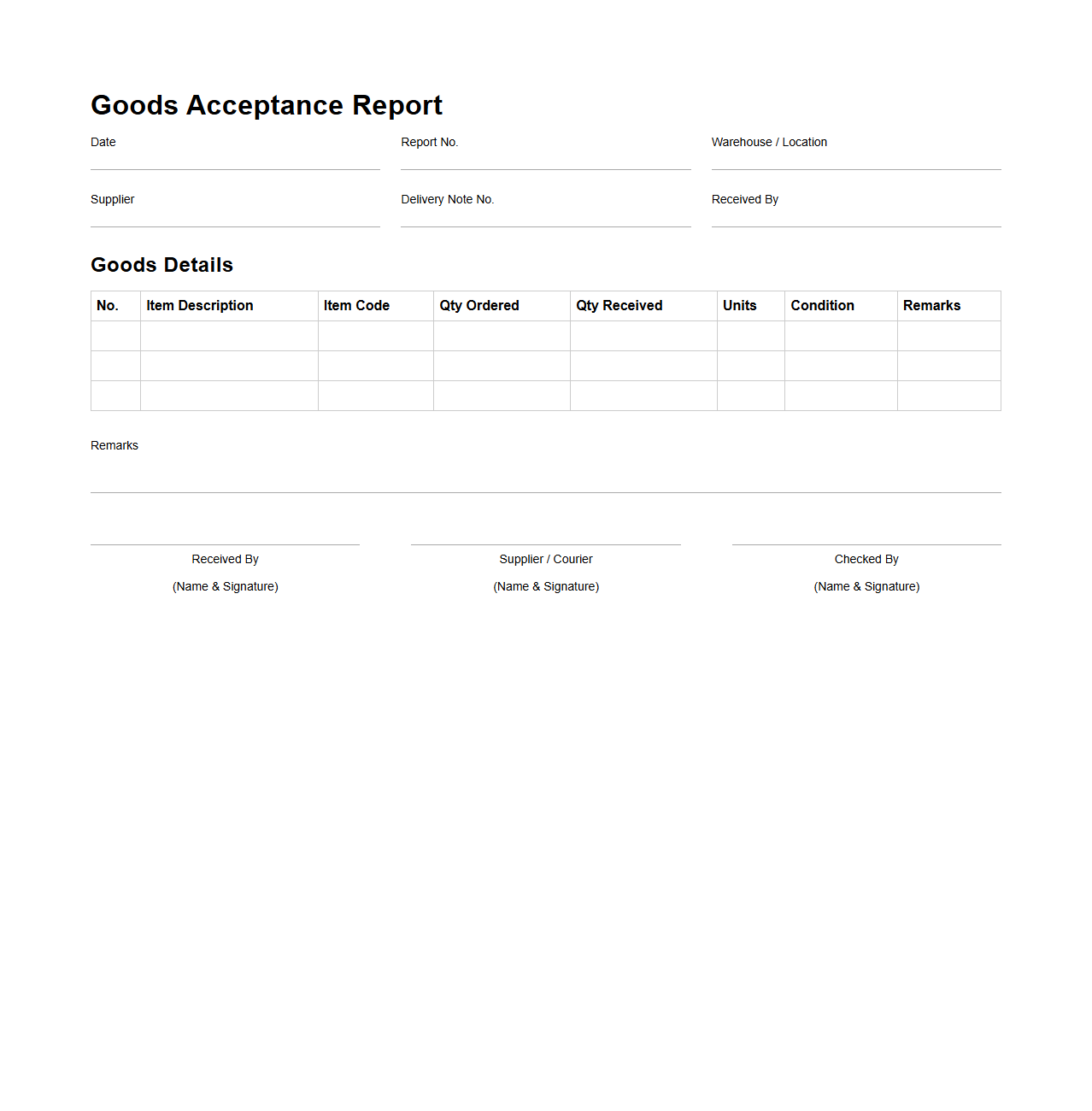 Goods Acceptance Report Example for Logistics