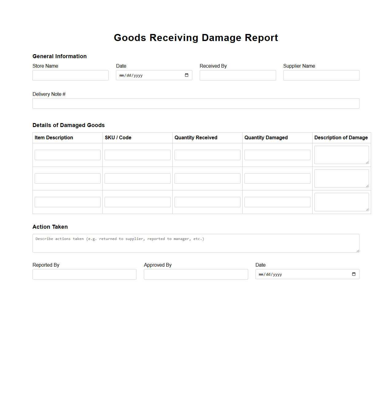 Goods Receiving Damage Report Template for Retail