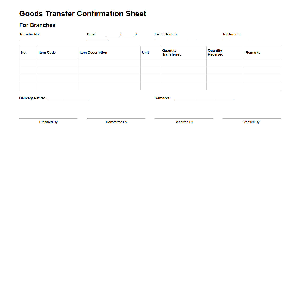 Goods Transfer Confirmation Sheet for Branches