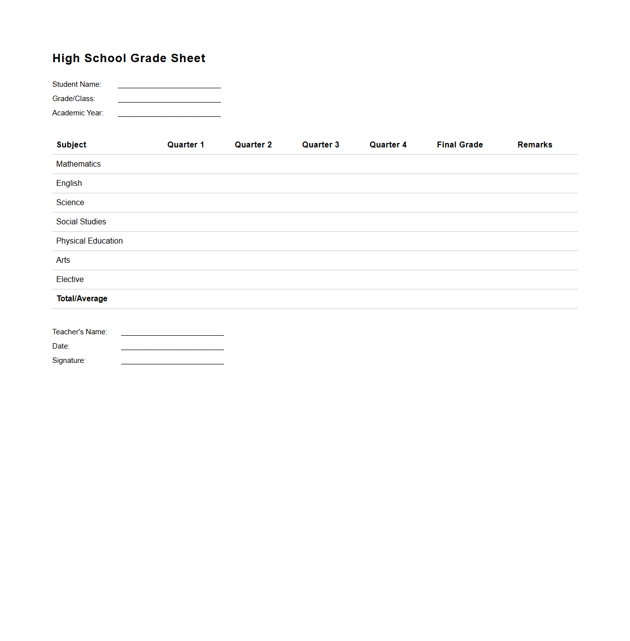 Grade Sheet Template for High School Subjects