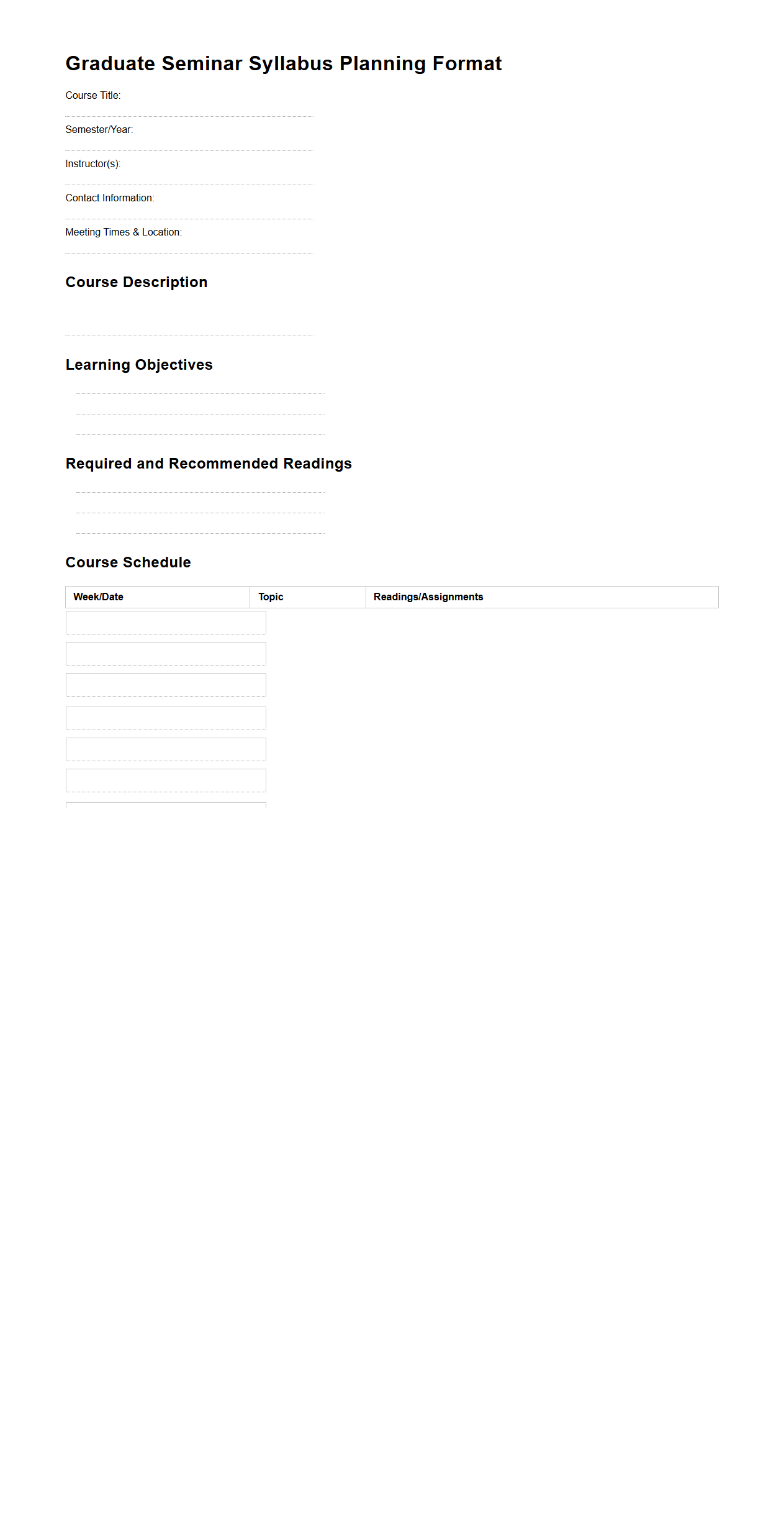 Graduate Seminar Syllabus Planning Format
