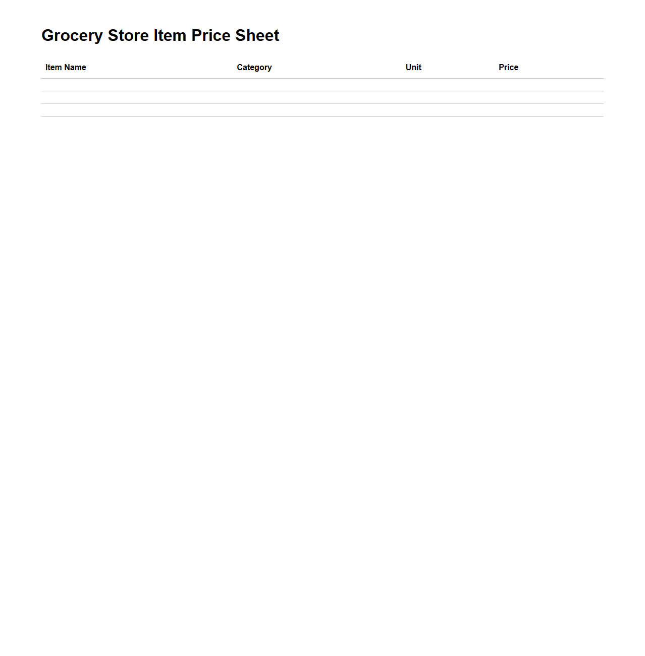 Grocery Store Item Price Sheet