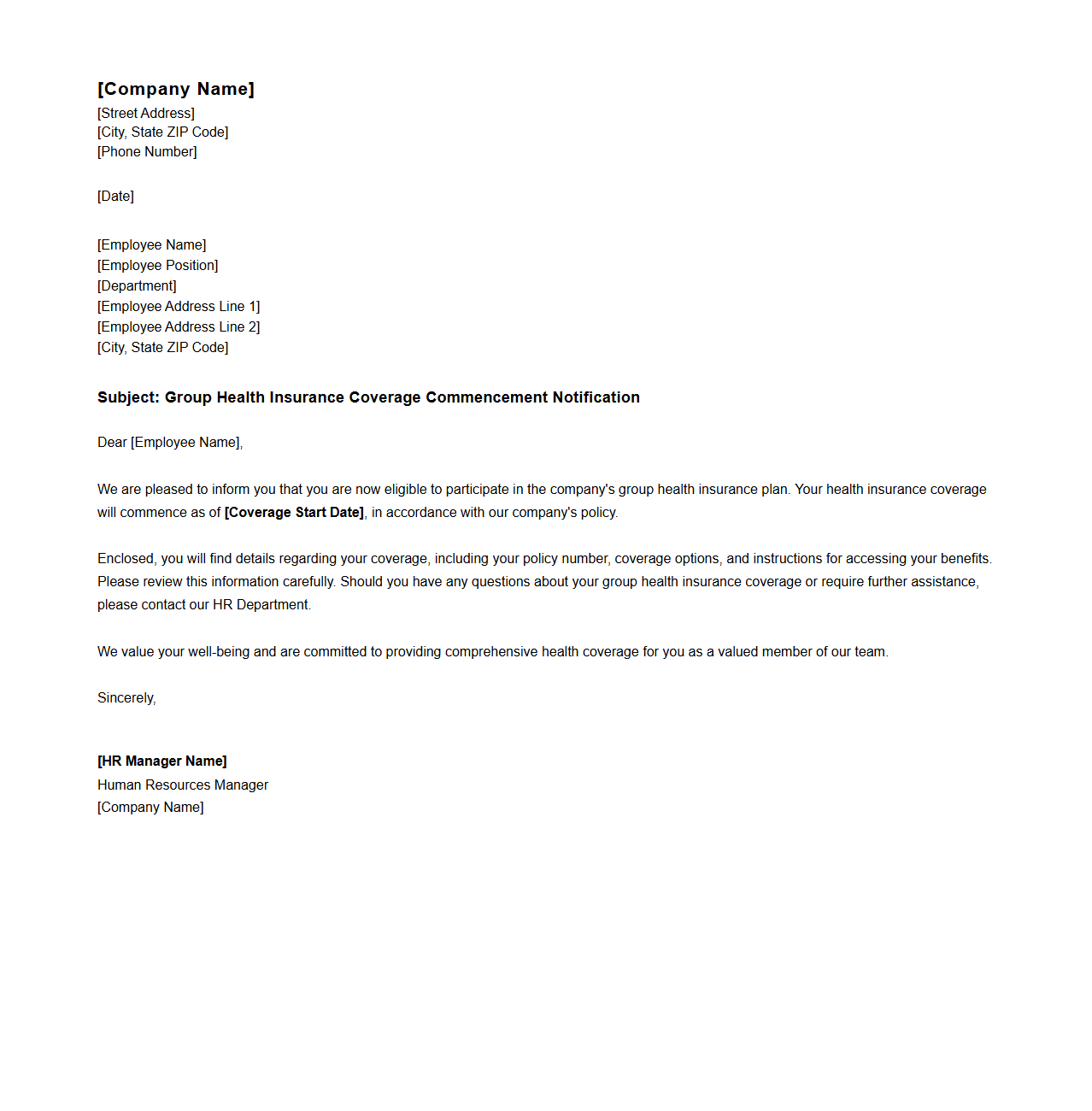 Group Health Insurance Coverage Commencement Notification Letter