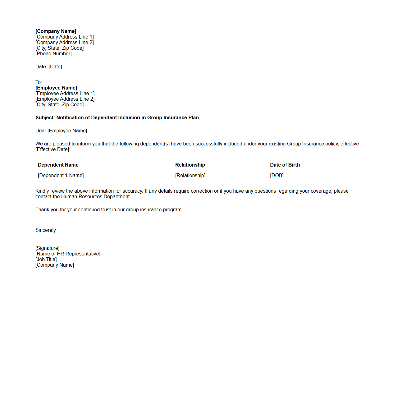 Group Insurance Dependent Inclusion Notification Letter