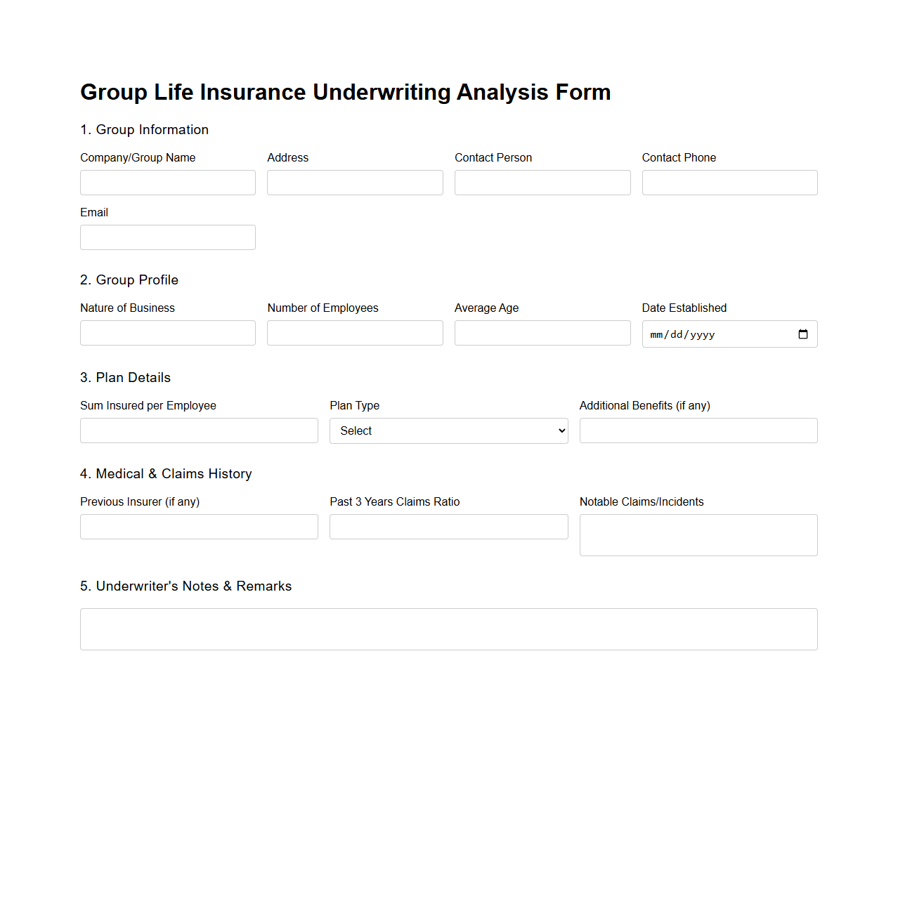 Group Life Insurance Underwriting Analysis Form
