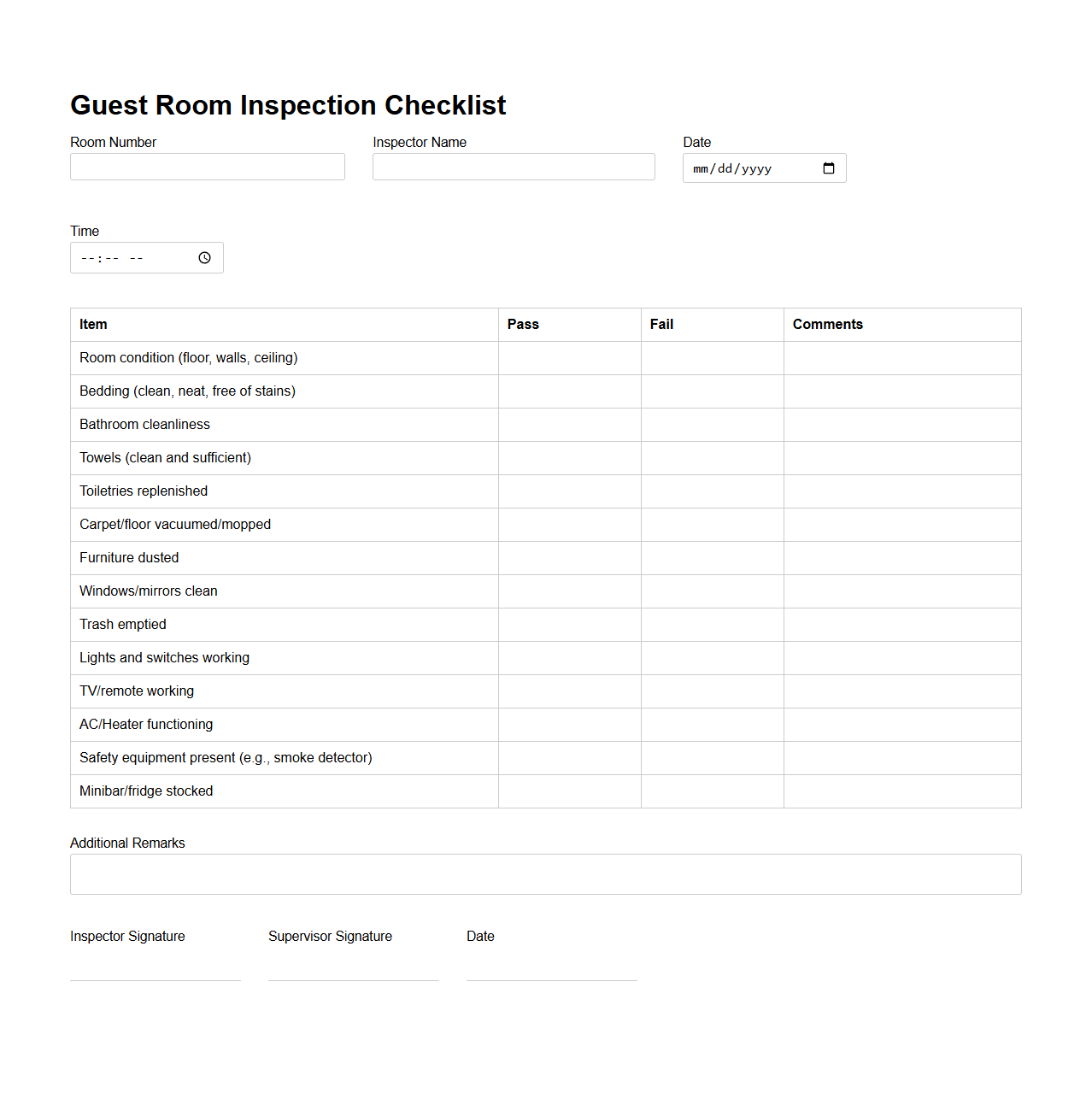 Guest Room Inspection Checklist for Hotels