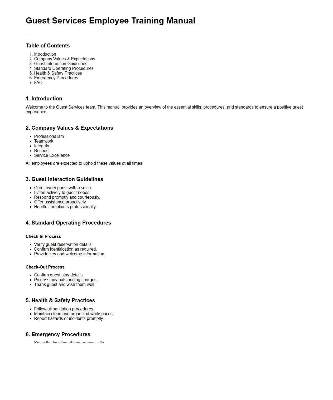 Guest Services Employee Training Manual