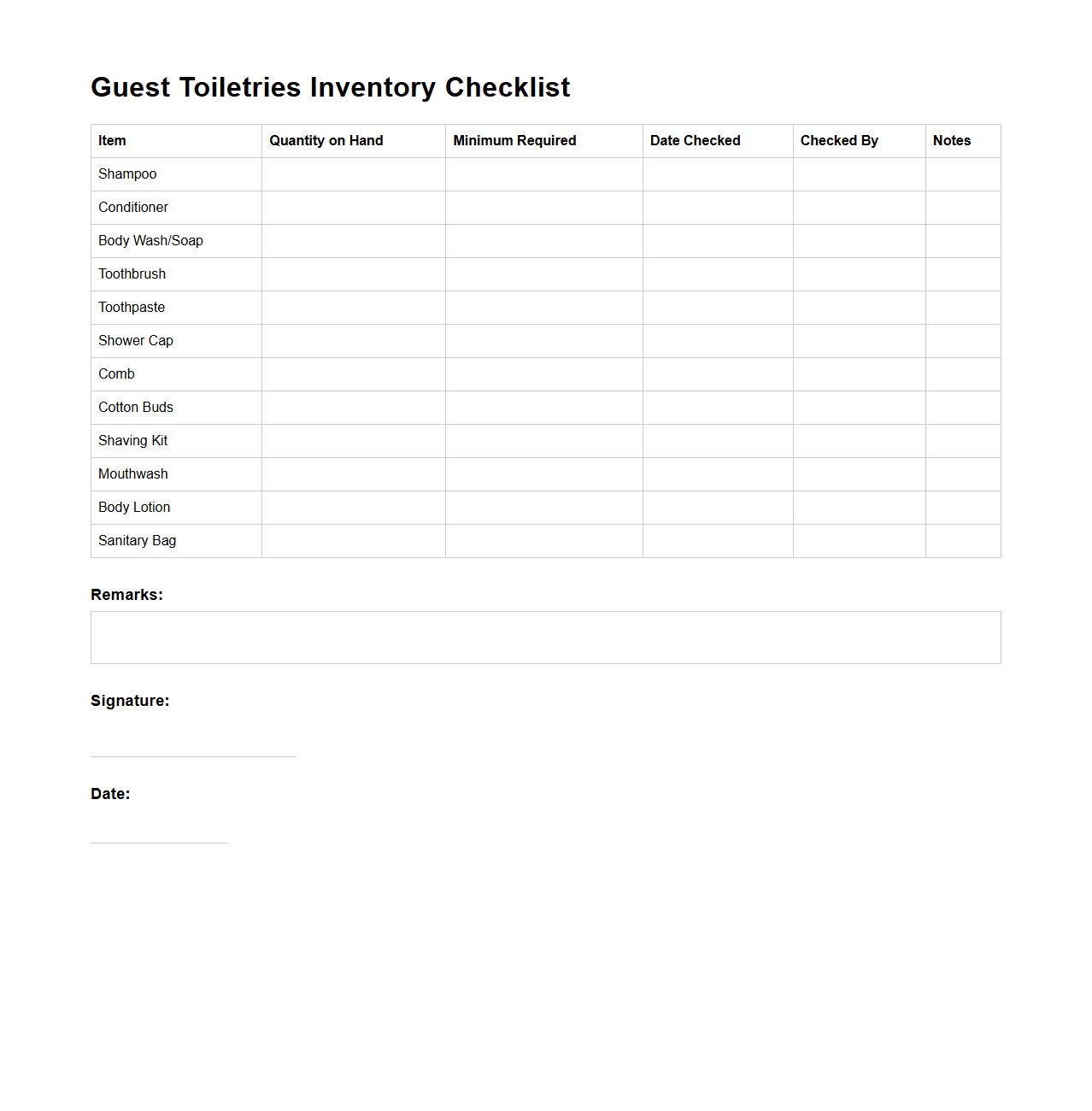Guest Toiletries Inventory Checklist