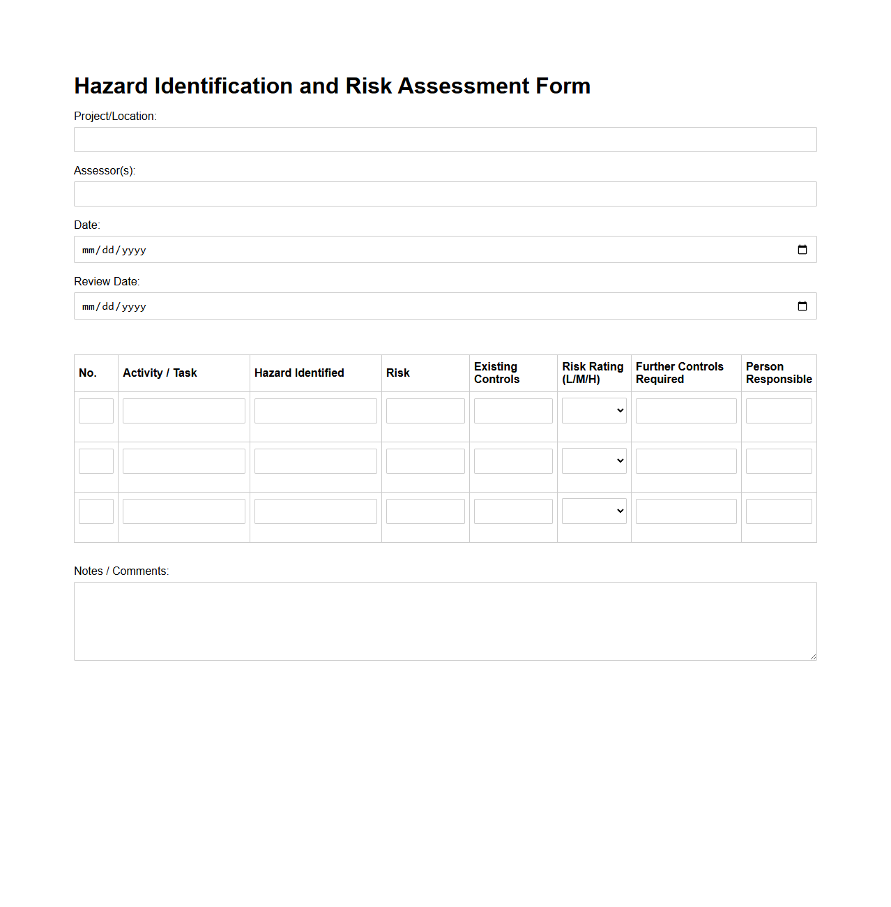 Hazard Identification and Risk Assessment Form