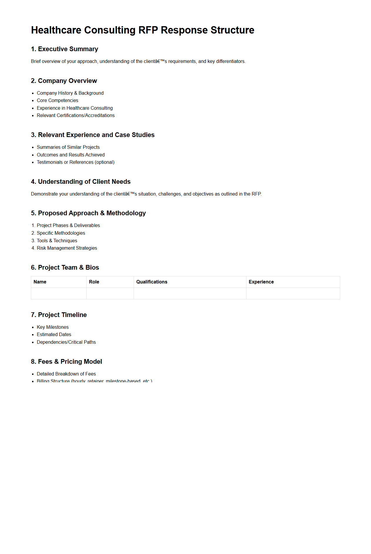 Healthcare Consulting RFP Response Structure