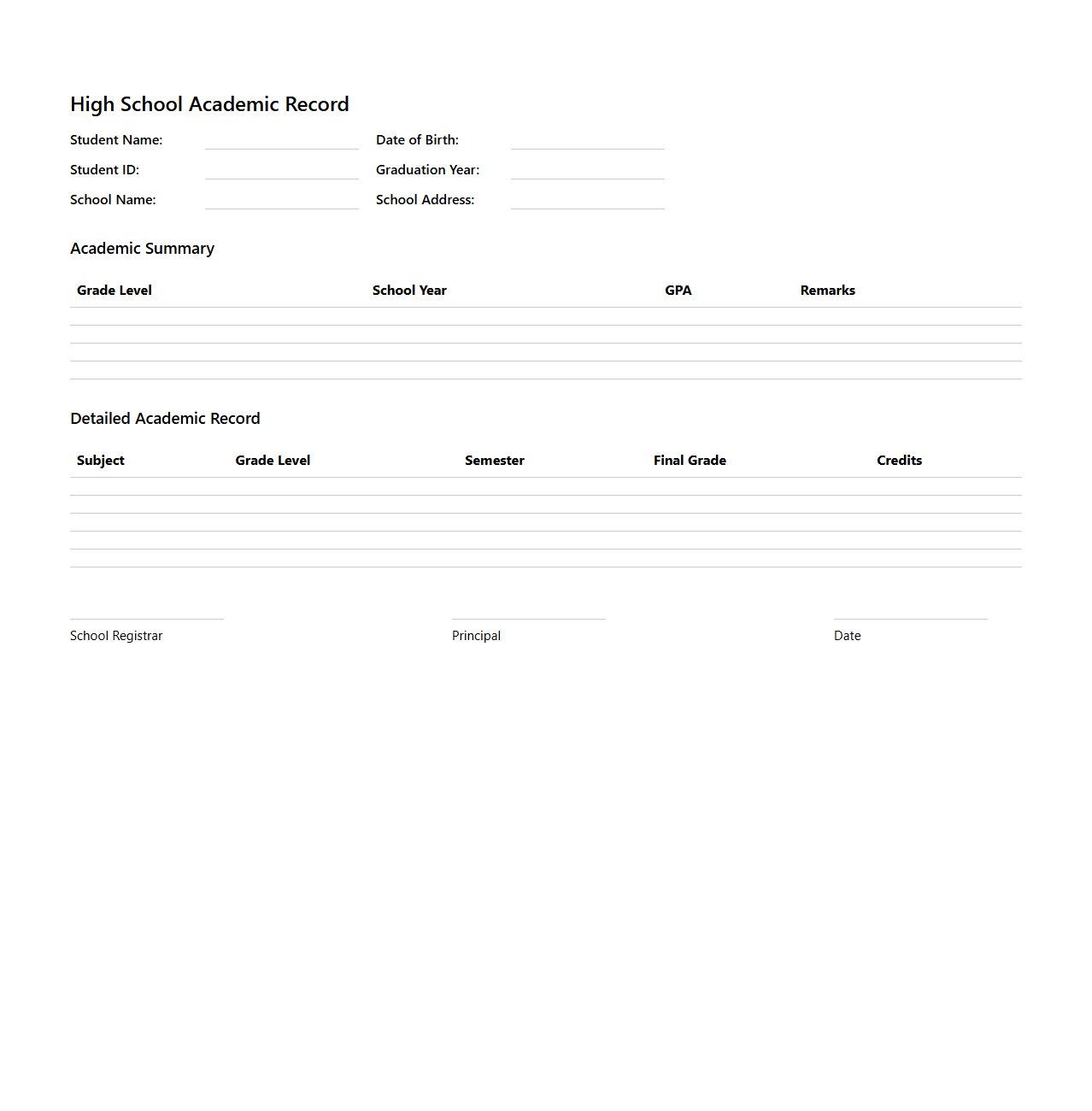 High School Academic Record Format