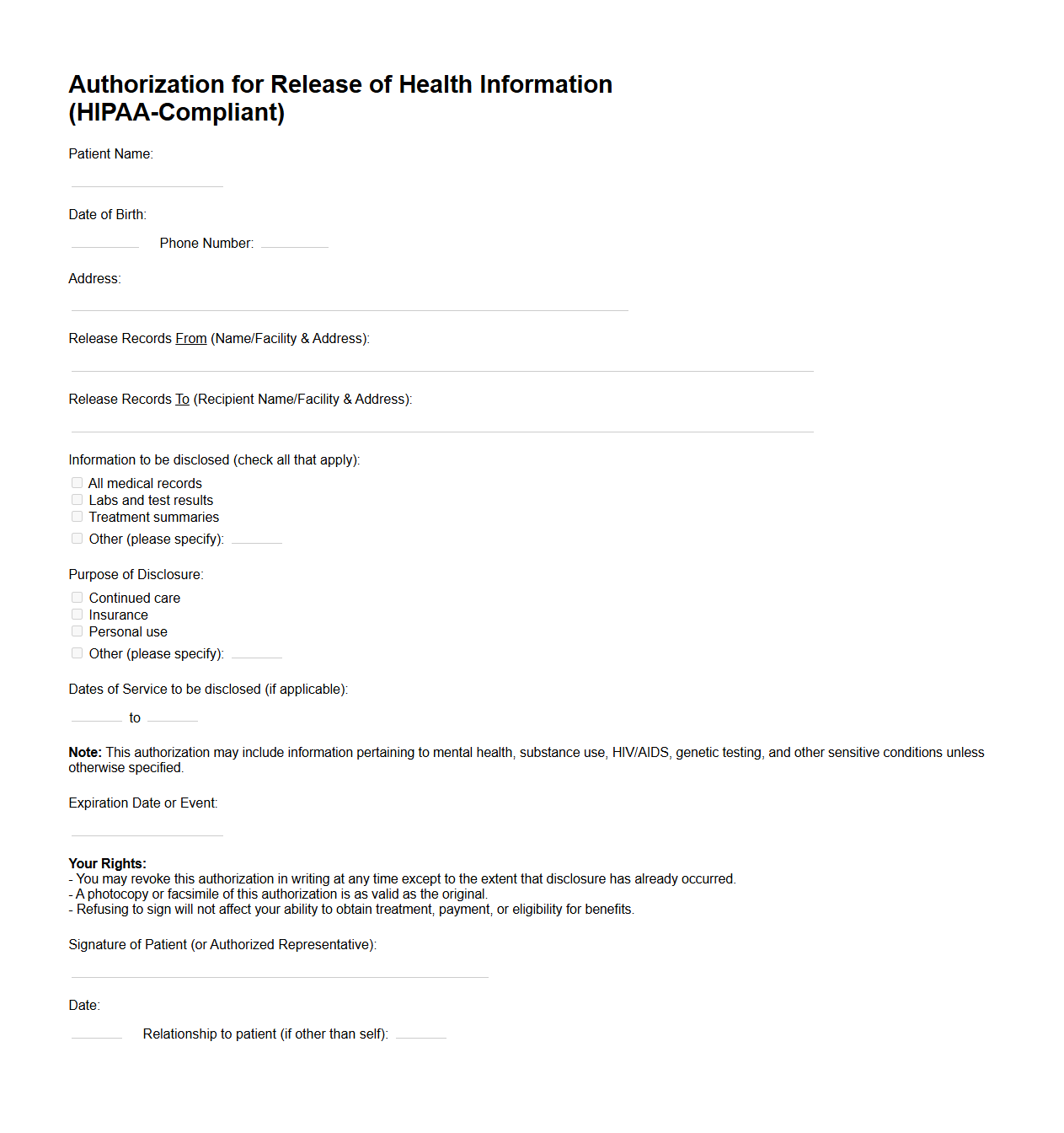 HIPAA-Compliant Authorization Template for Health Record Disclosure