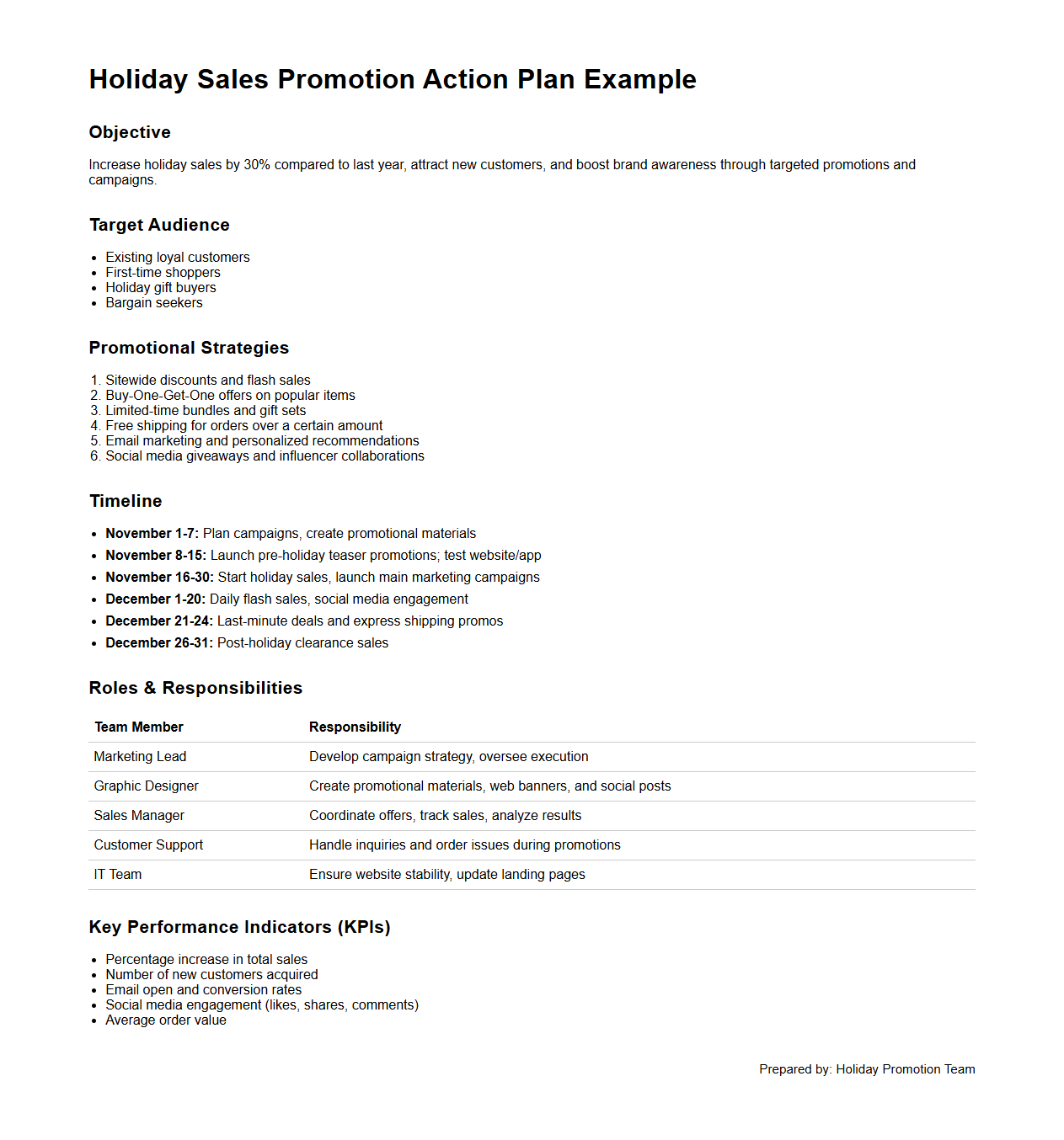 Holiday Sales Promotion Action Plan Example