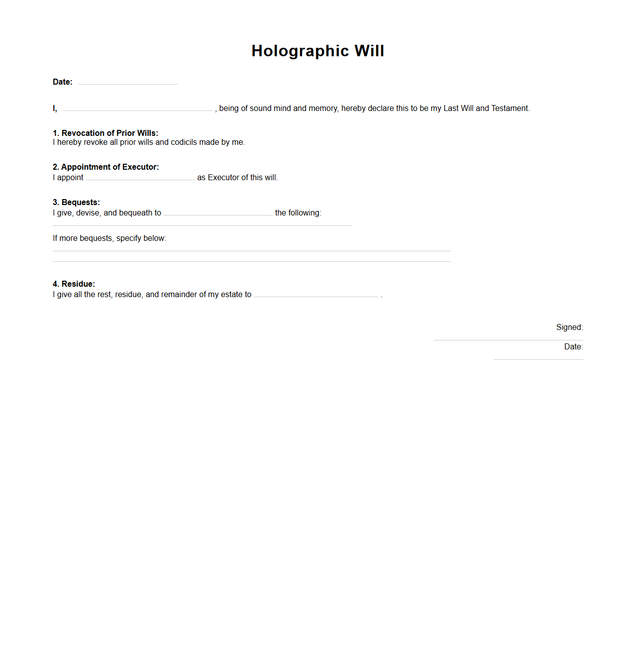 Holographic Will Simple Format