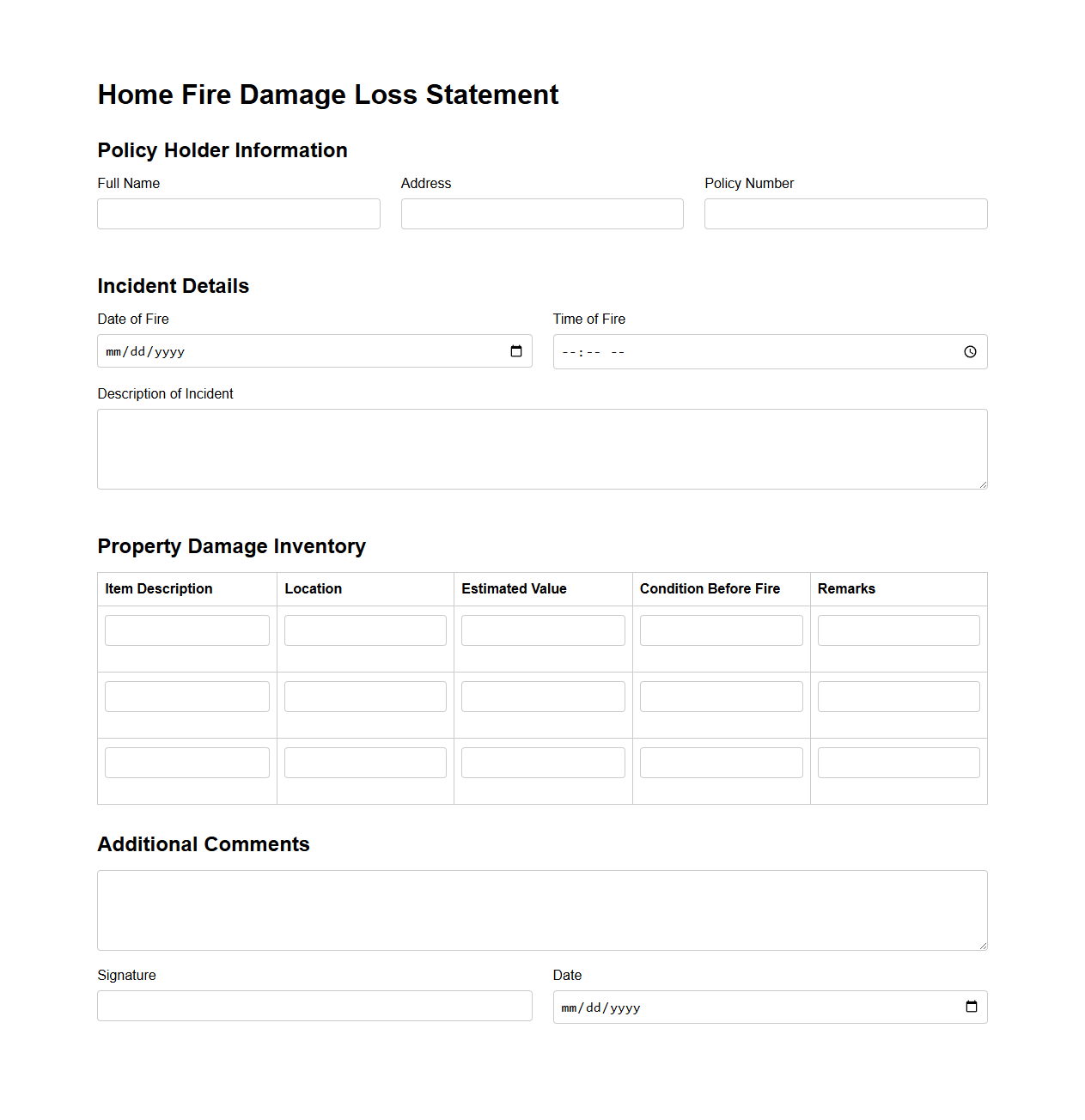 Home Fire Damage Loss Statement Template