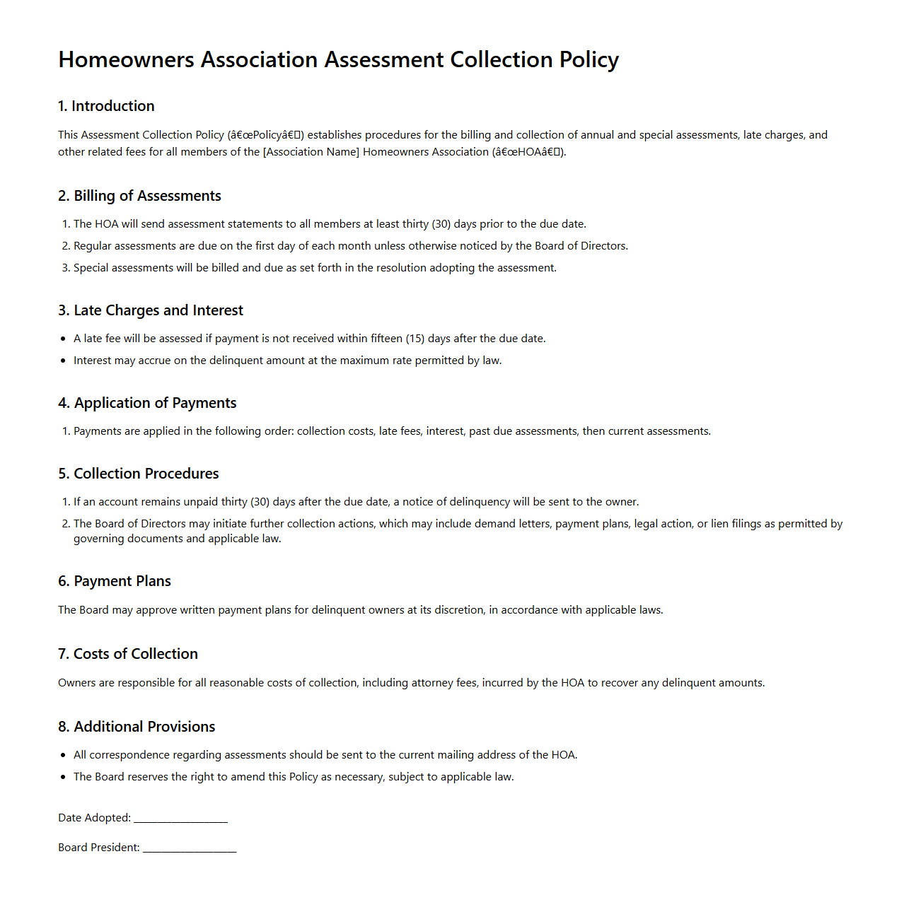 Homeowners Association Assessment Collection Policy