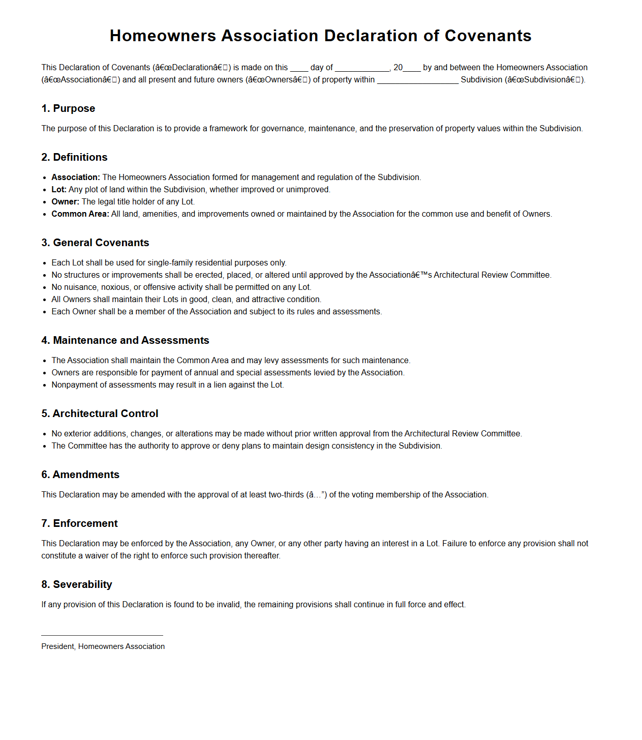 Homeowners Association Declaration of Covenants Template