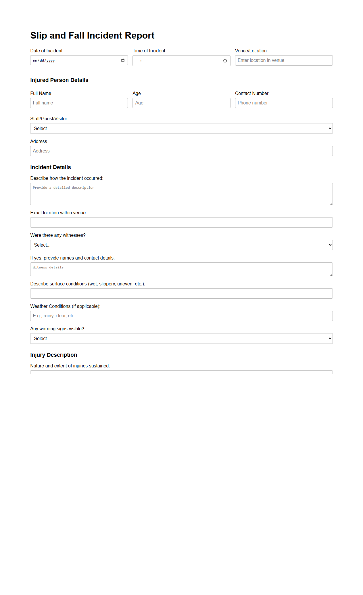 Hospitality Venue Slip and Fall Incident Report Template