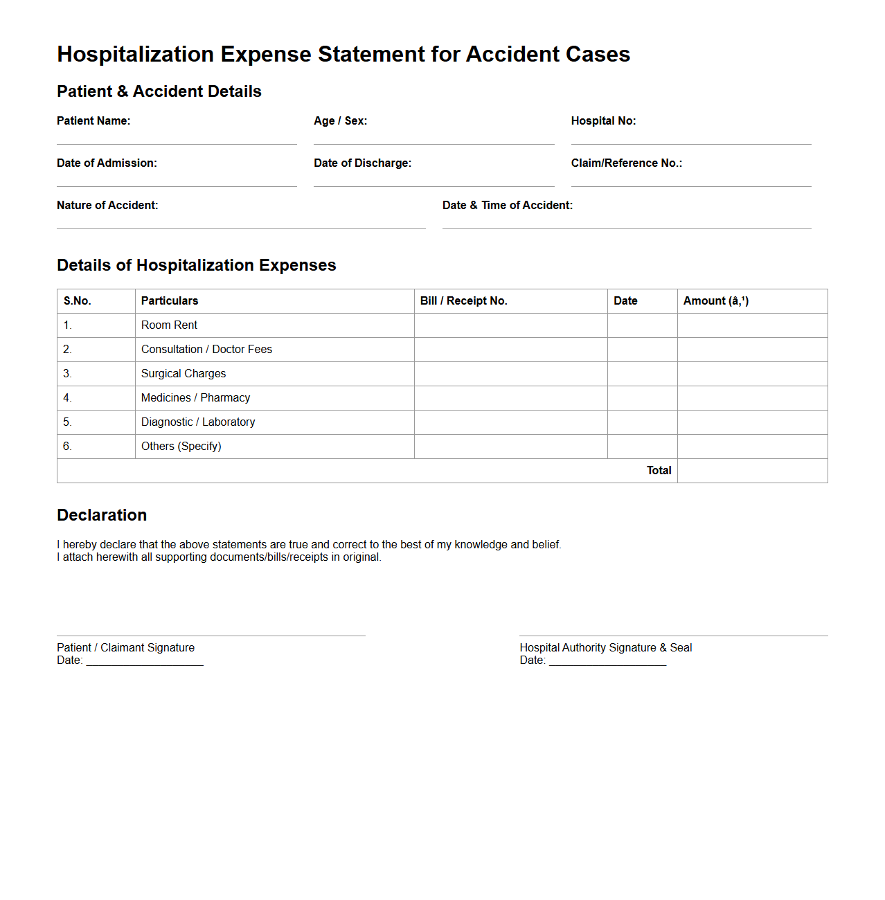 Hospitalization Expense Statement for Accident Cases