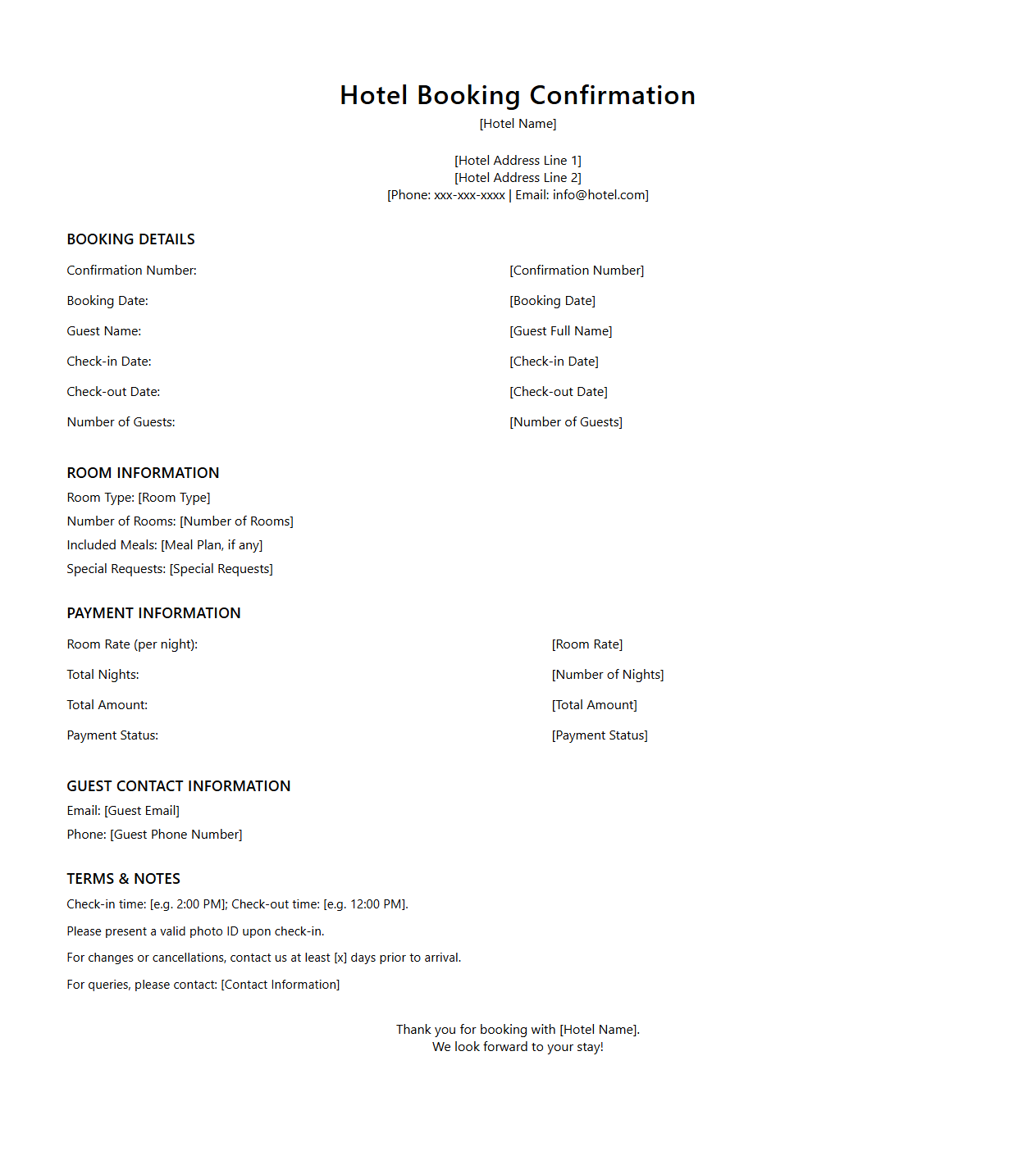 Hotel Booking Confirmation Document Format
