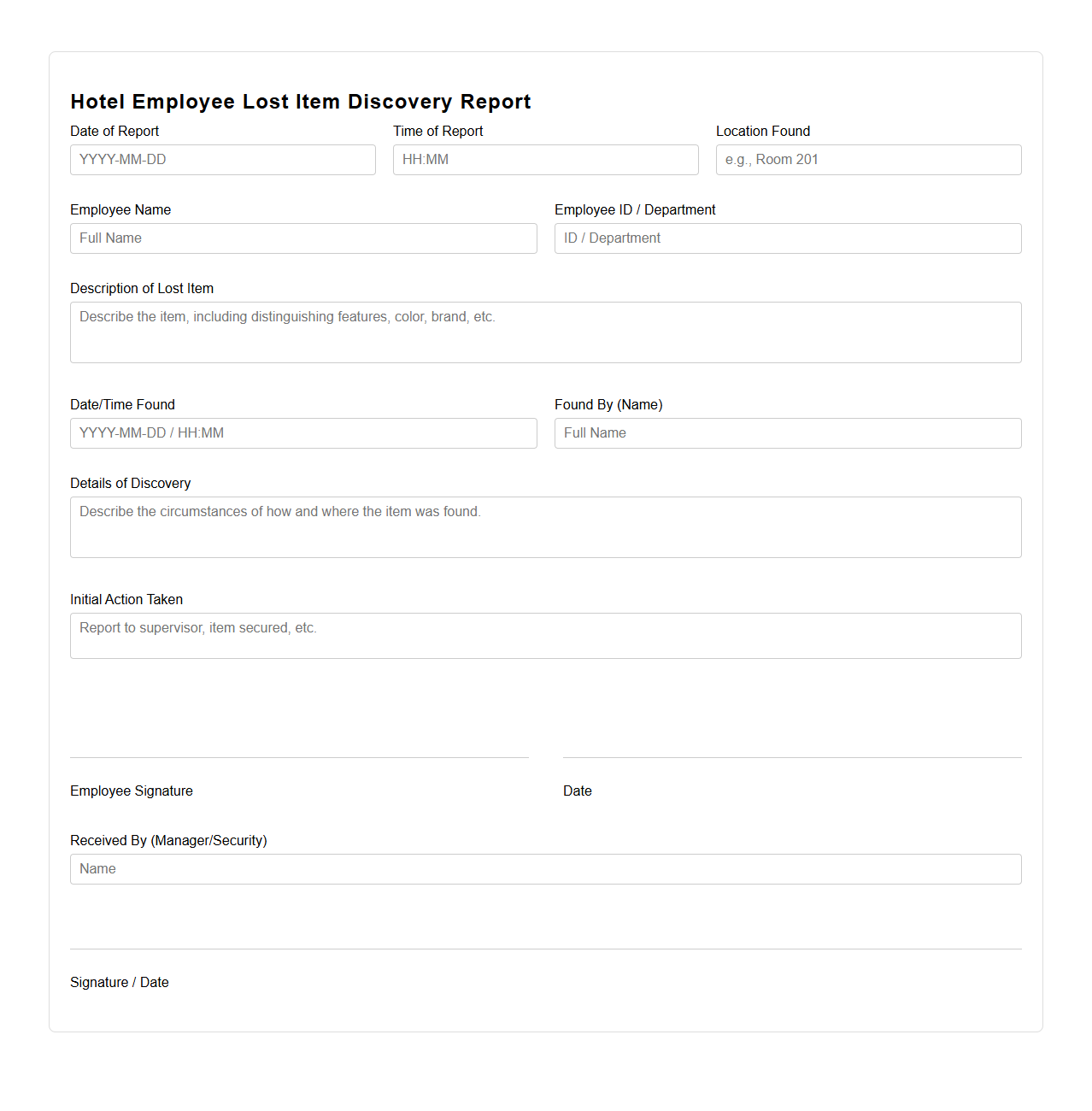 Hotel Employee Lost Item Discovery Report Sample