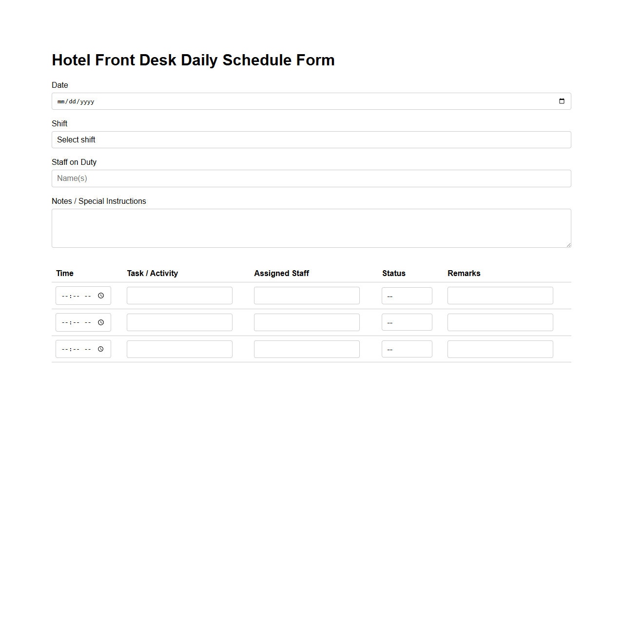 Hotel Front Desk Daily Schedule Form