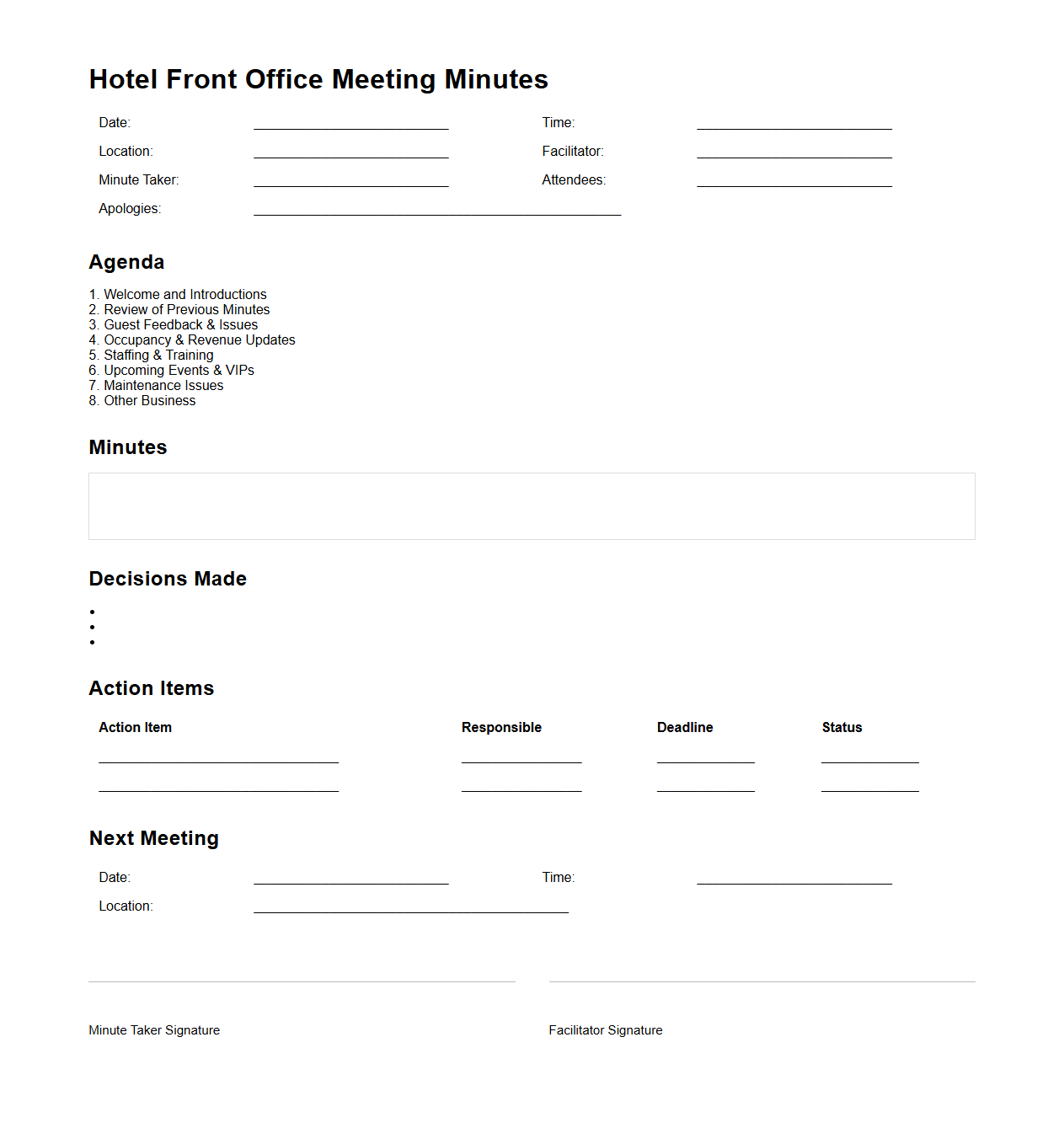 Hotel Front Office Meeting Minutes Template