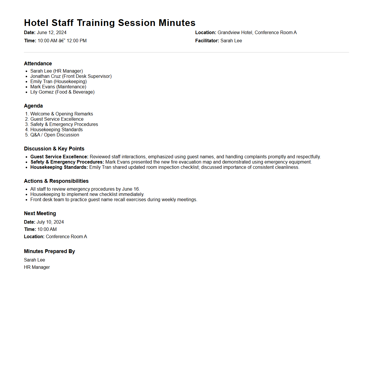 Hotel Staff Training Session Minutes Example