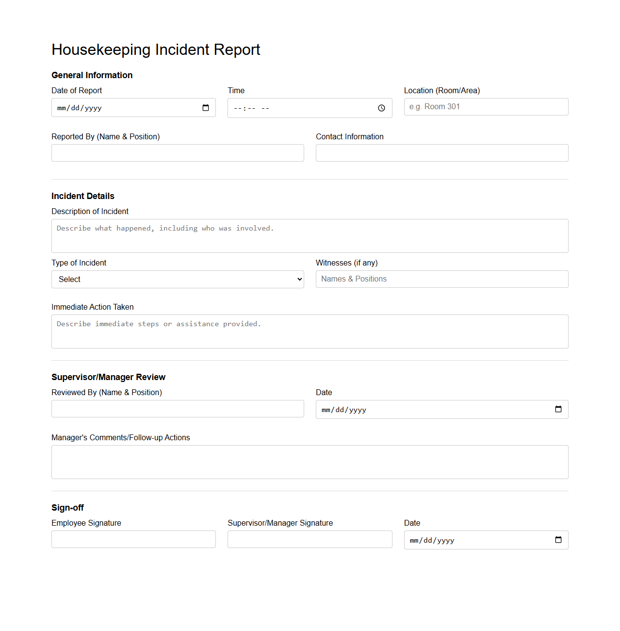 Housekeeping Incident Report Template for Hotels