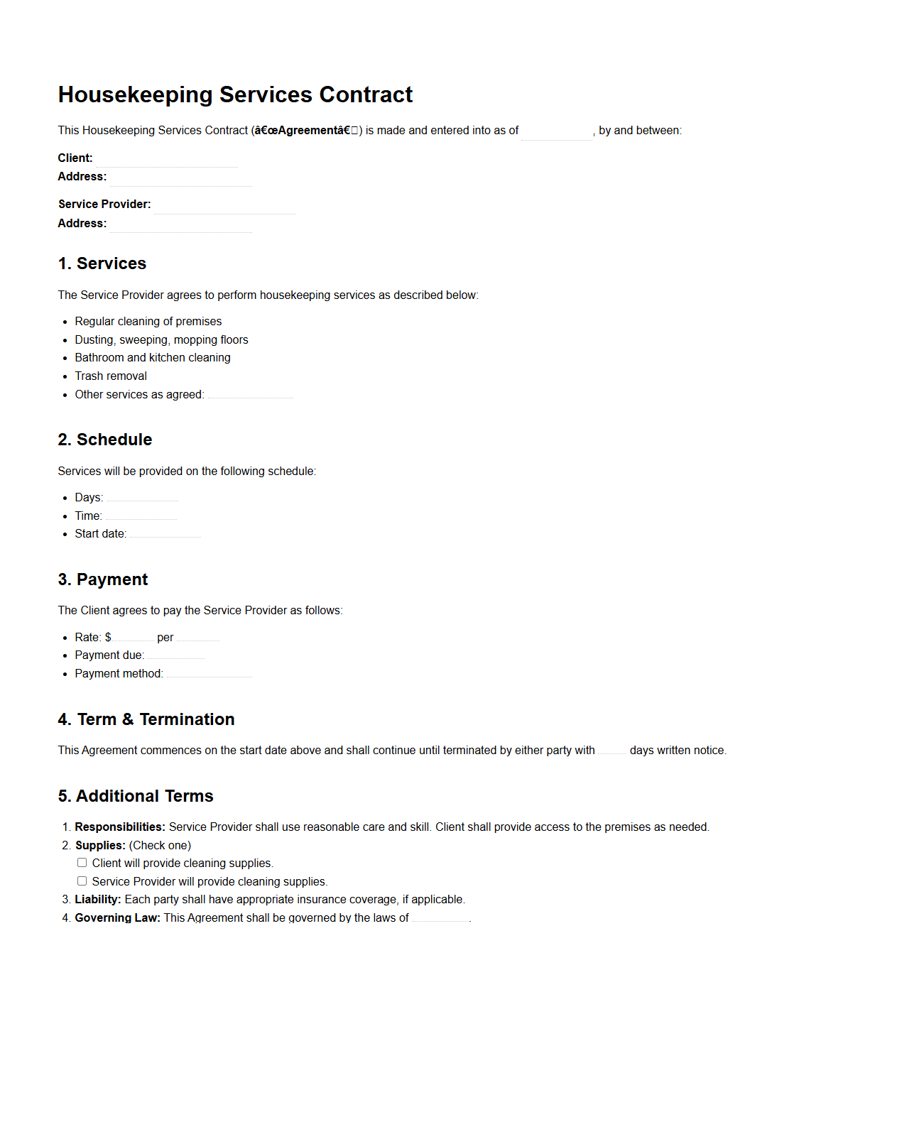 Housekeeping Services Contract Template