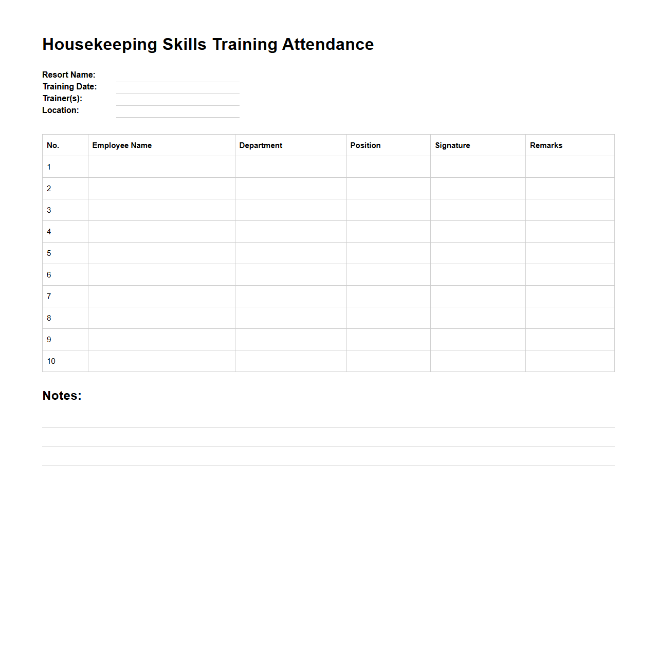 Housekeeping Skills Training Attendance Template for Resorts