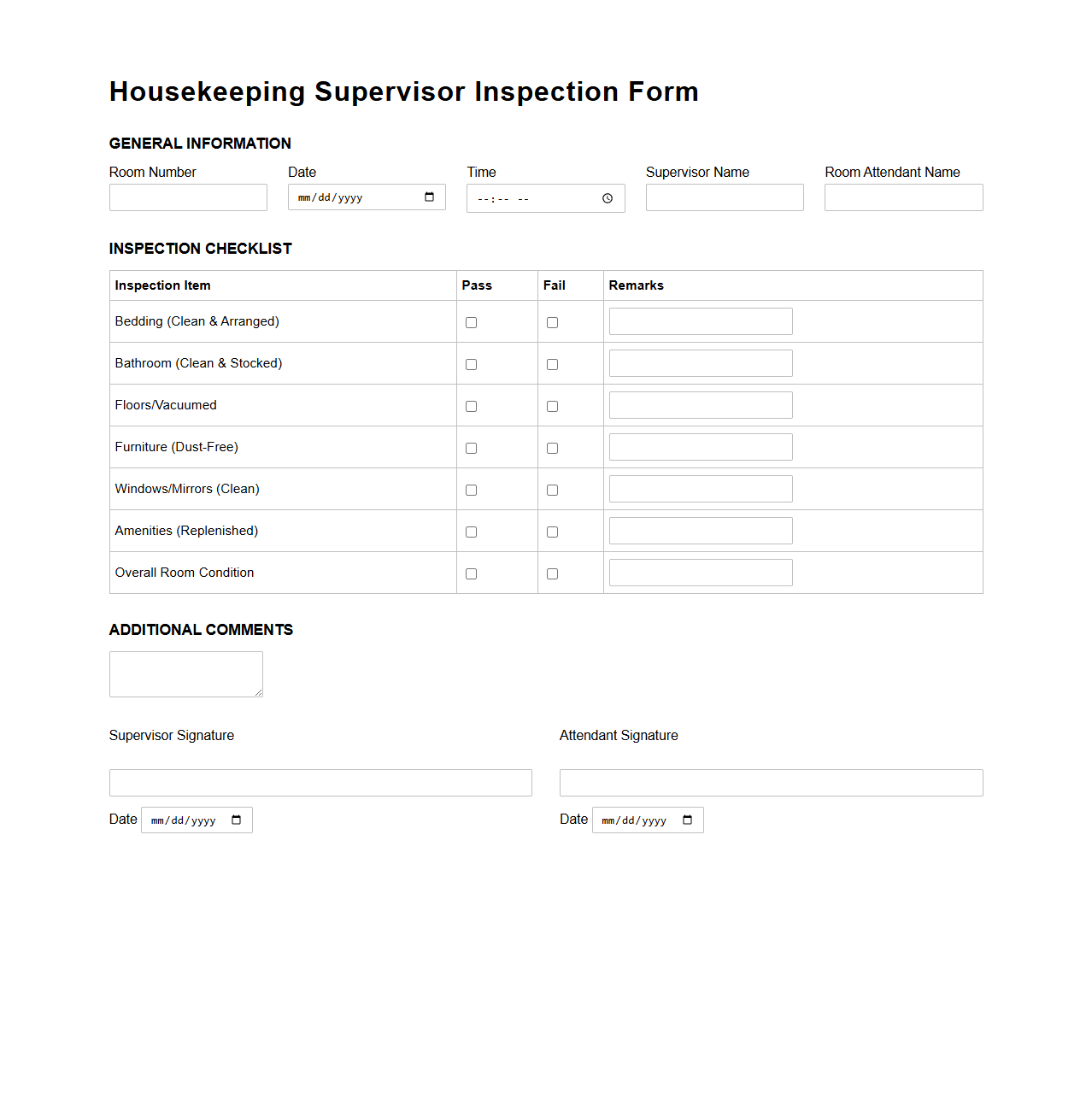 Housekeeping Supervisor Inspection Form