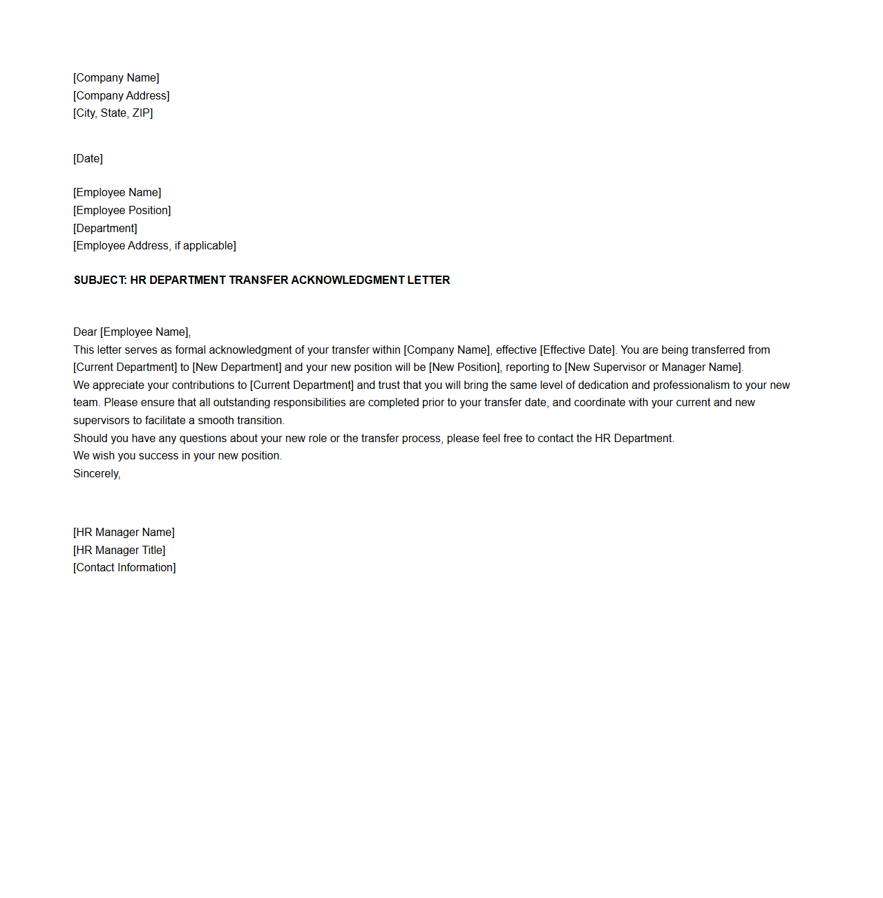 HR Department Transfer Acknowledgment Letter