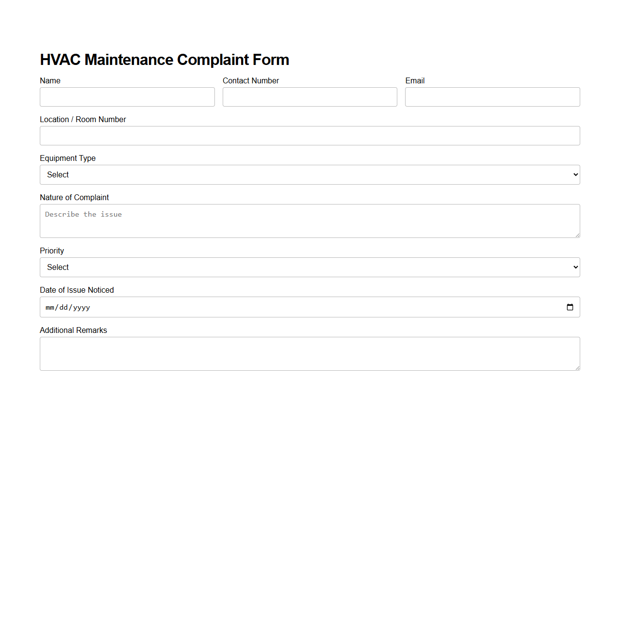 HVAC Maintenance Complaint Form Example