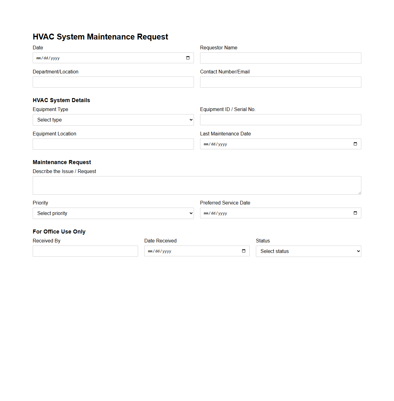 HVAC System Maintenance Request Format
