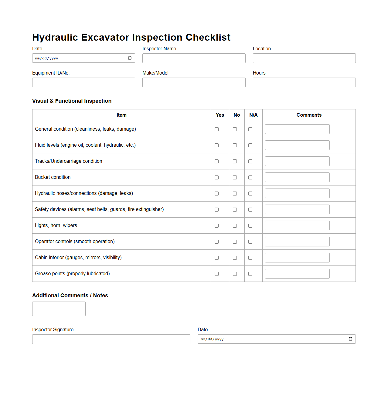 Hydraulic Excavator Inspection Checklist Template