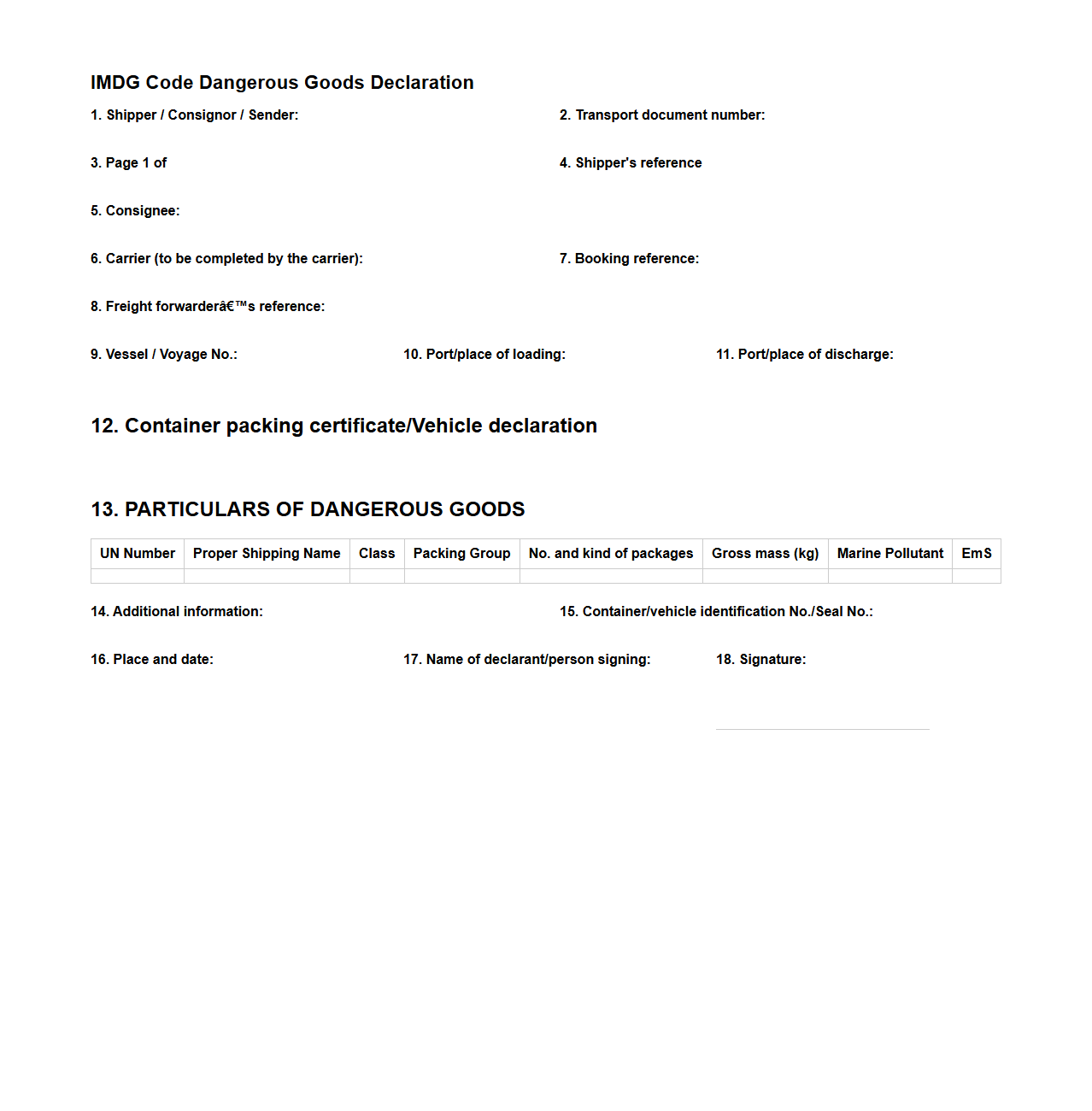 IMDG Code Dangerous Goods Declaration Template