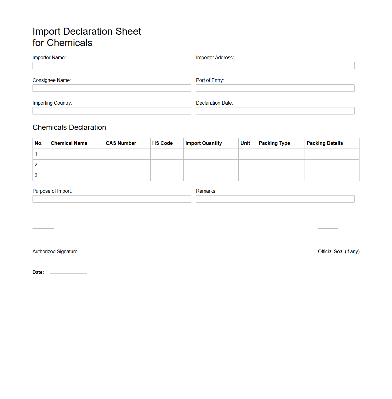 Import Declaration Sheet Template for Chemicals