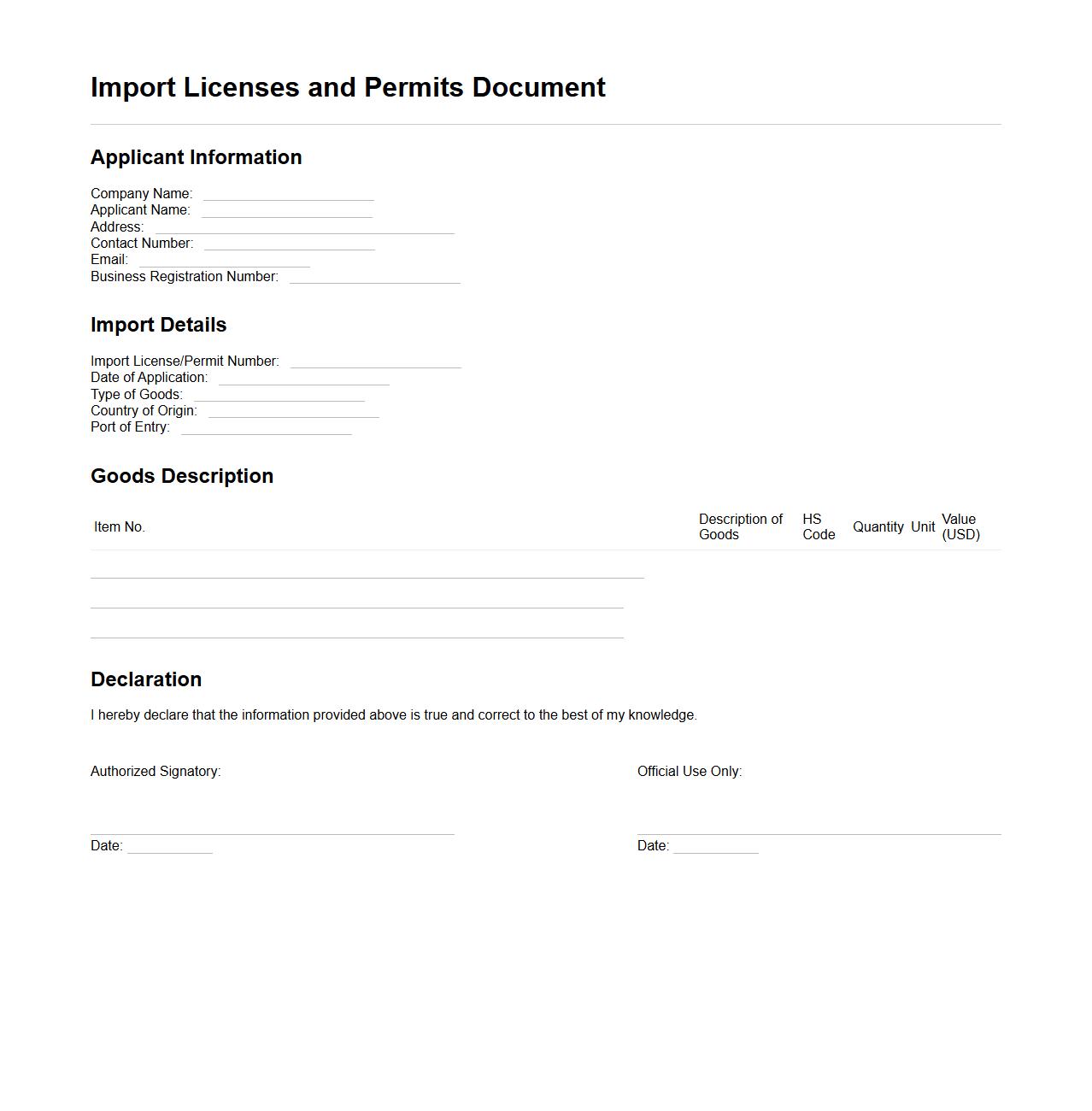 Import Licenses and Permits Document Example