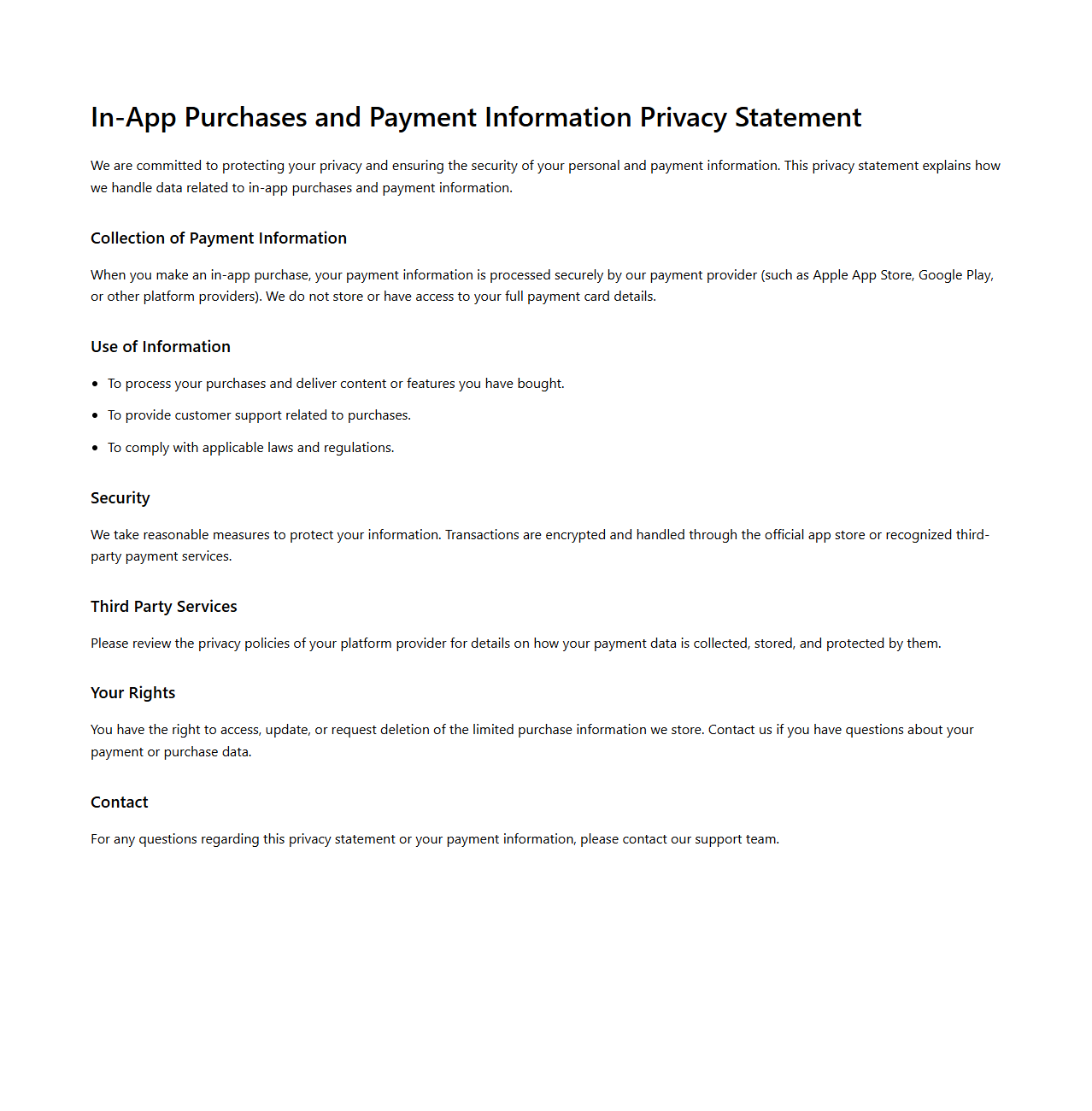 In-App Purchases and Payment Information Privacy Statement