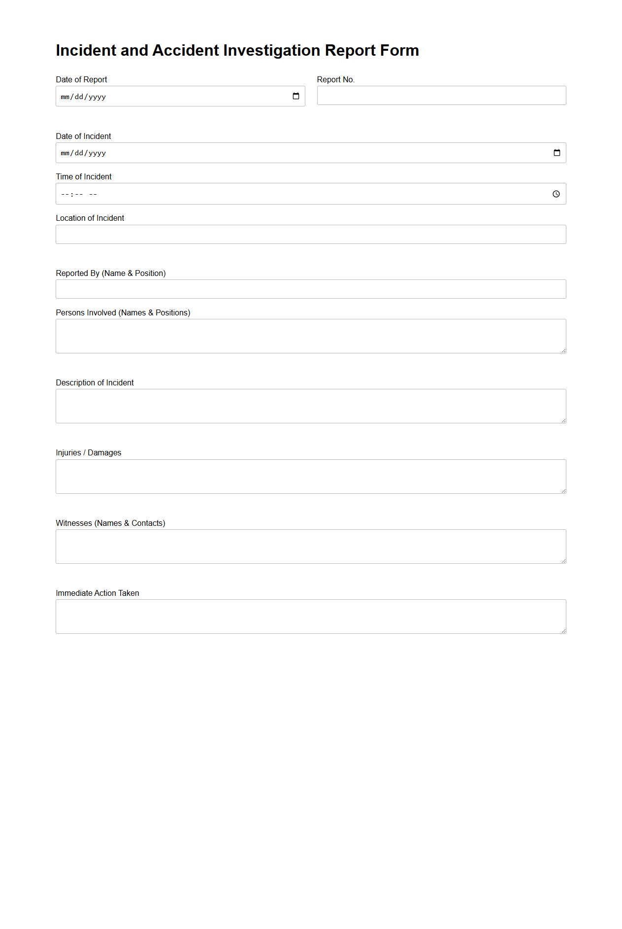 Incident and Accident Investigation Report Form