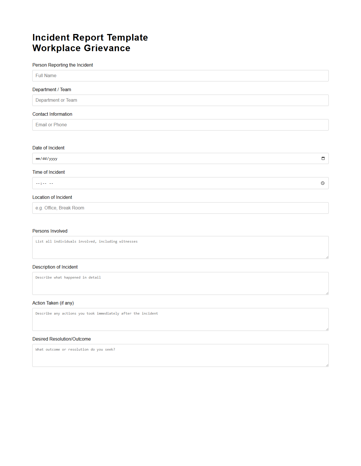 Incident Report Template for Workplace Grievances