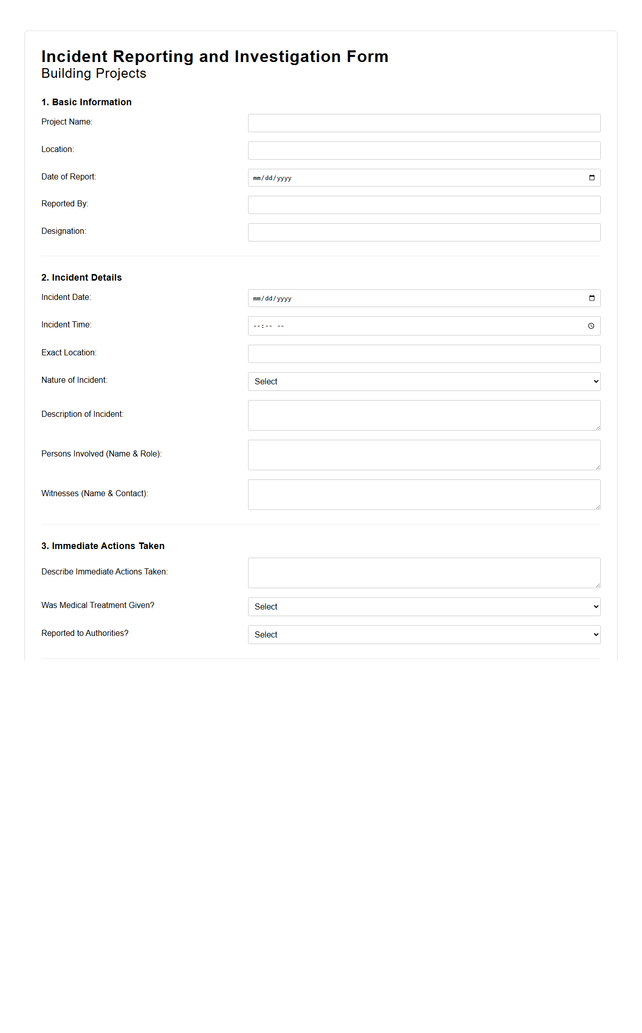 Incident Reporting and Investigation Form for Building Projects