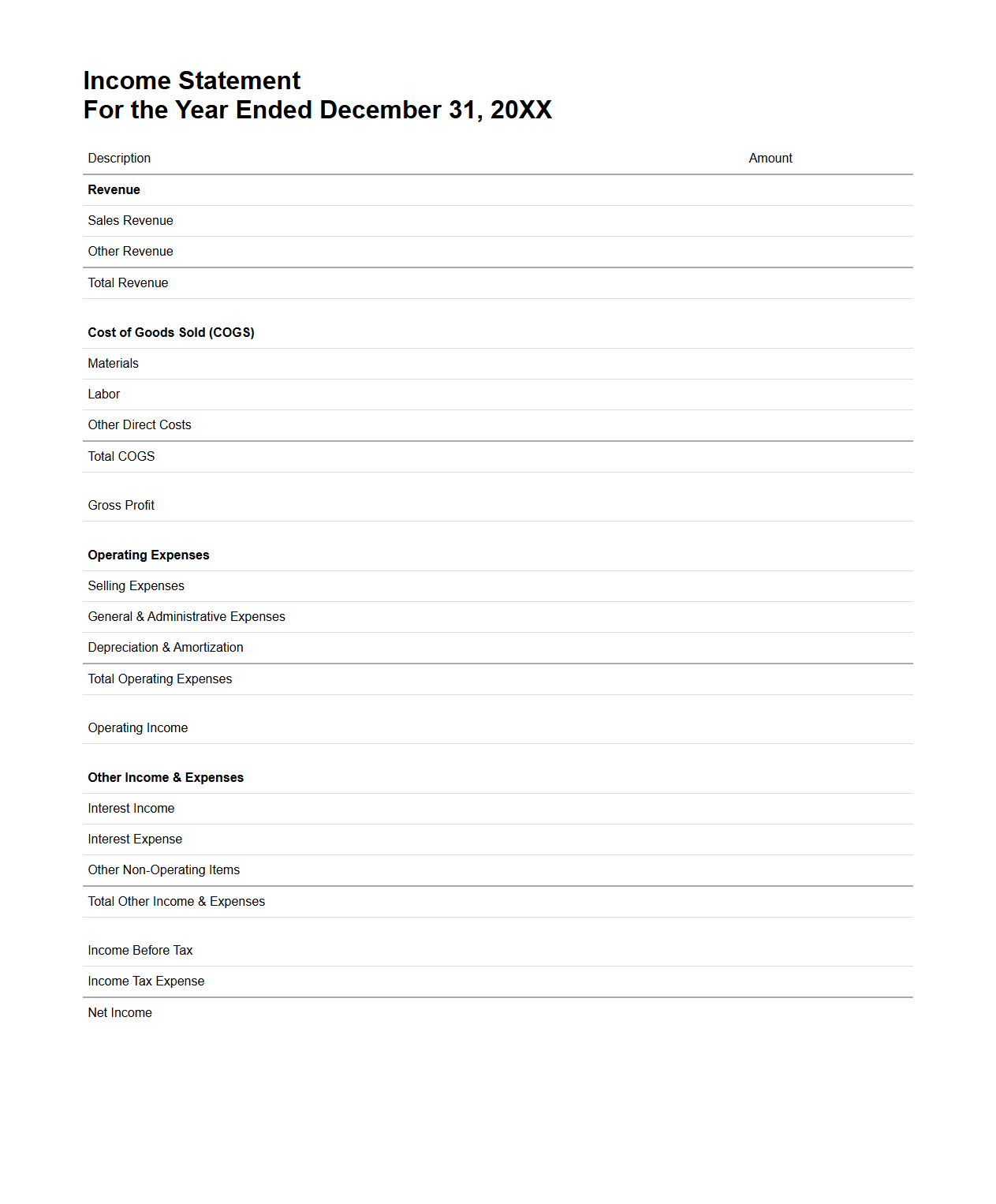 Income Statement Template for Annual Reporting