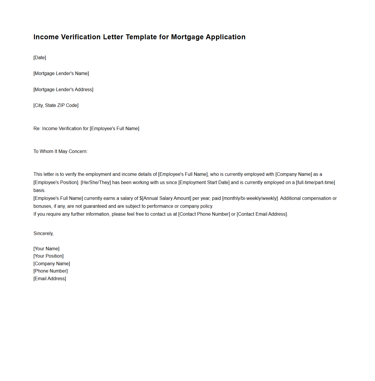 Income Verification Letter Template for Mortgage Application