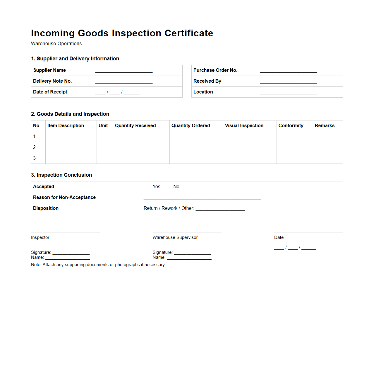 Incoming Goods Inspection Certificate for Warehouse Operations