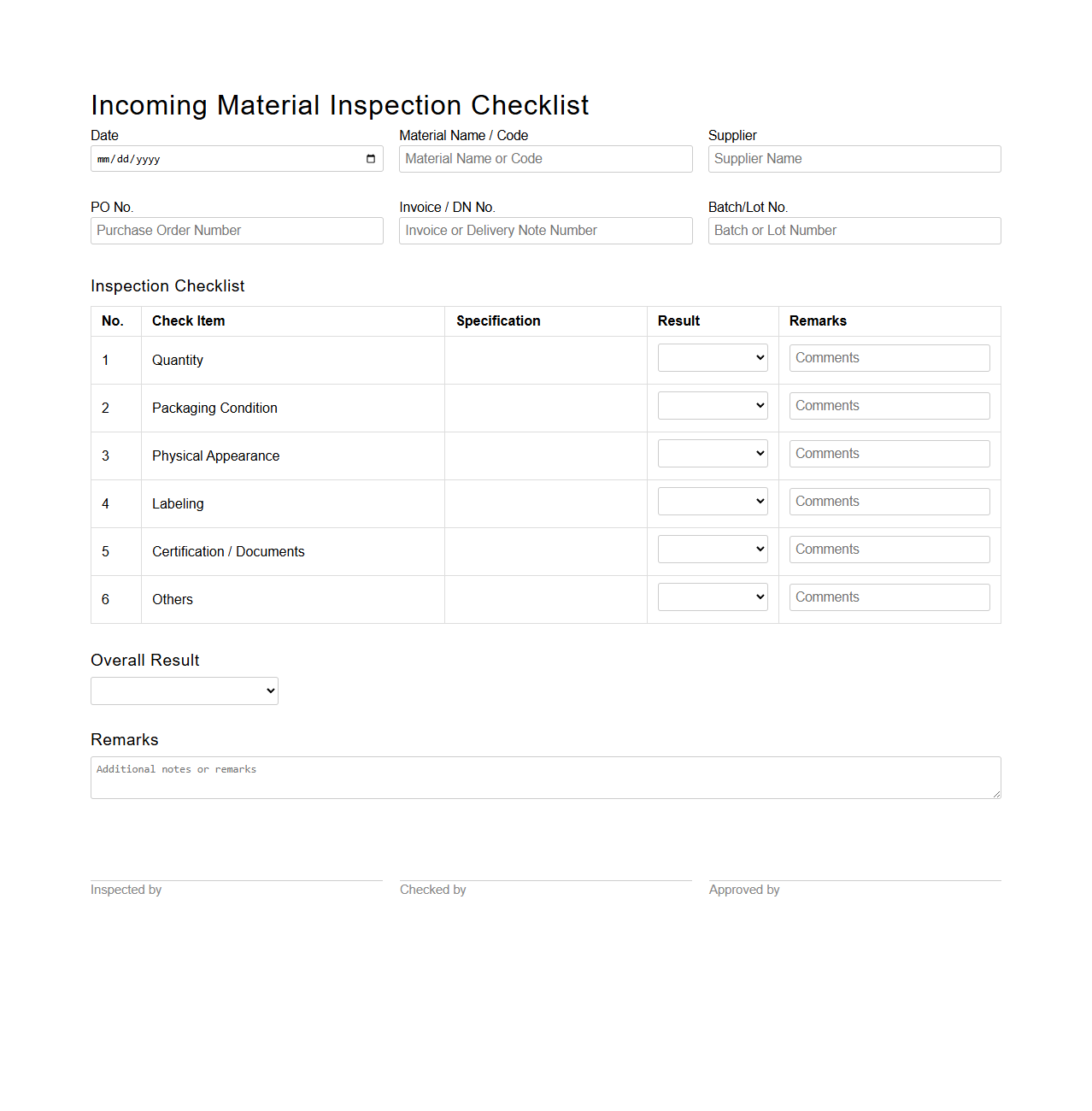 Incoming Material Inspection Checklist for Manufacturing