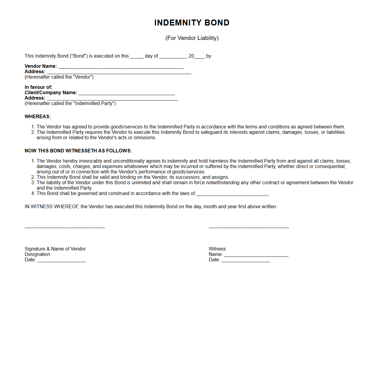 Indemnity Bond Template for Vendor Liability